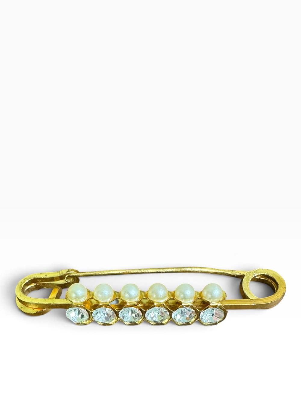 Gold-Tone Pearl and Crystal Safety Pin Brooch